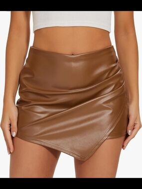 Asymmetrical Faux Leather Mini Skirt - Brown